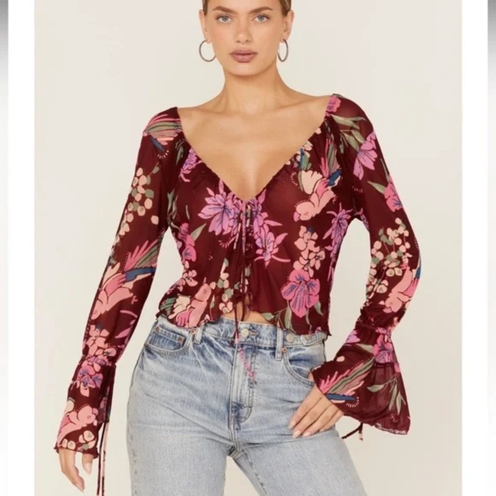 Free People Bird Of Paradise red floral mesh flare sleeve top size small boho